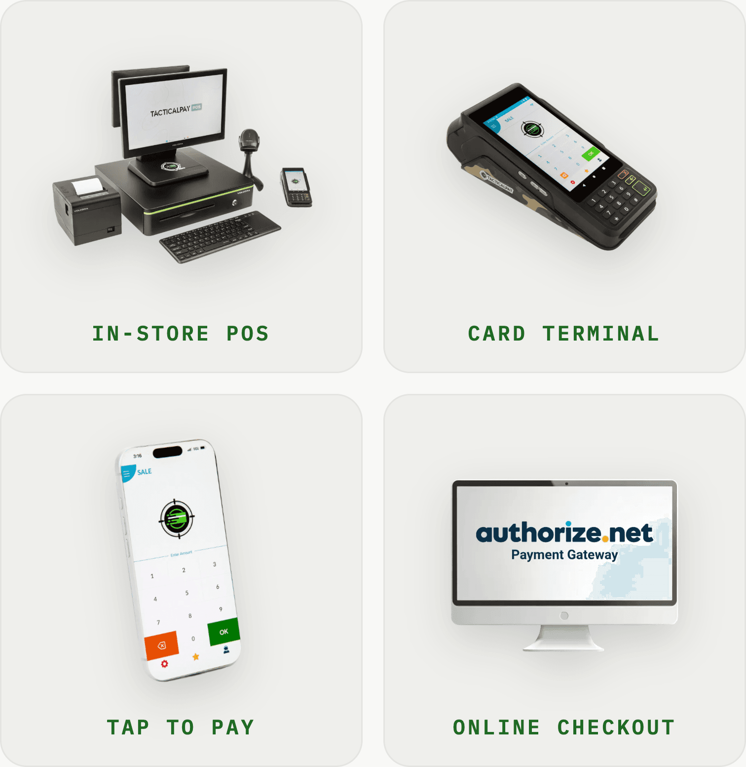 TacticalPay's four ways to get paid: an in-store POS system, a card terminal, tap to pay on a phone, and online checkout through Authorize.net.