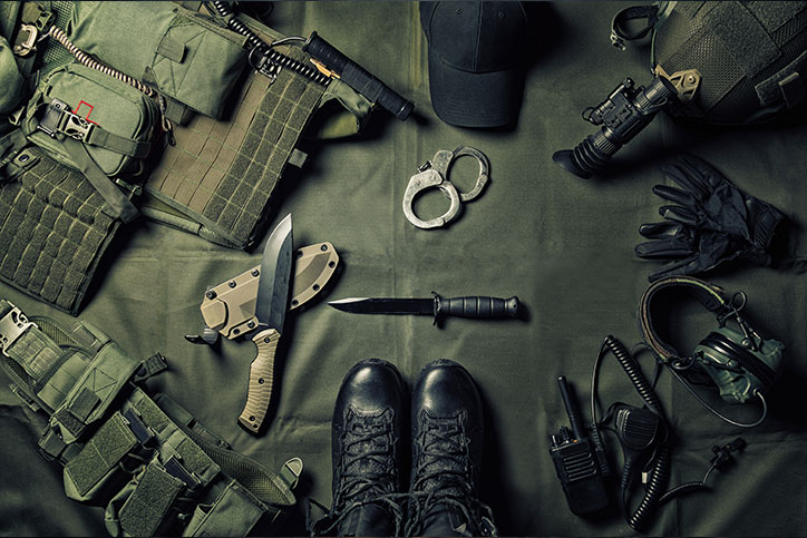 Military equipment or special agent gear concept flat lay background
